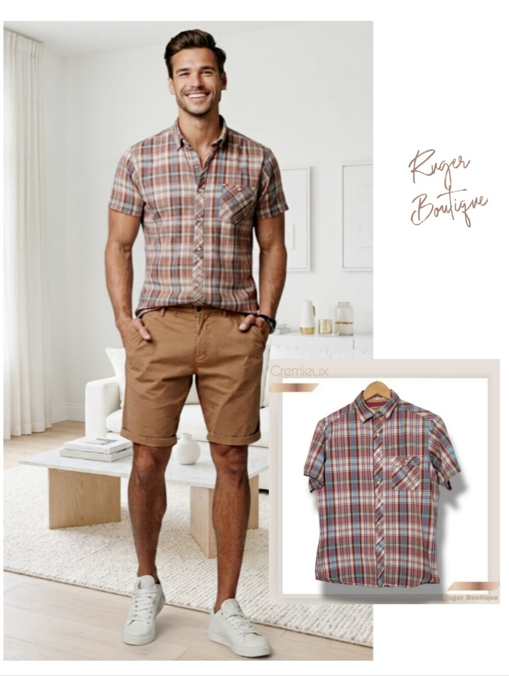 🌿Cremieux Men's Medium Pink Blue Brown Plaid Short Sleeve Button-Down Shirt